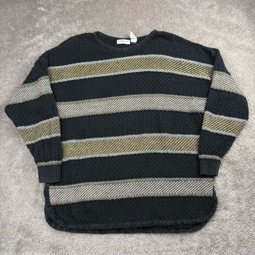 Vtg Liz Claiborne Textured Striped Tunic Sweater Black Brown Size L Boho Earth